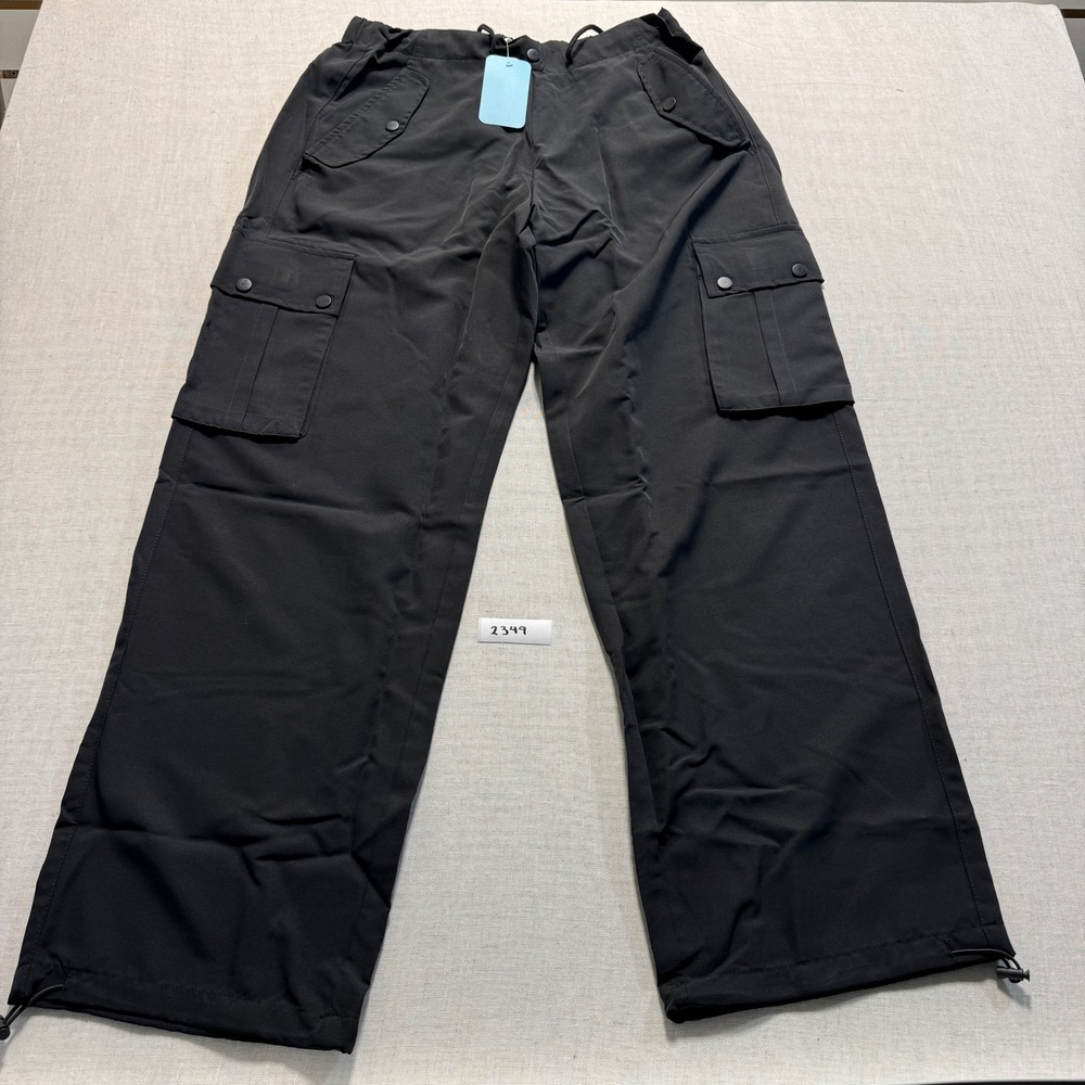 IFFEI Cargo Pants Woman L Black Wide Leg Elastic Waist Utility Trousers